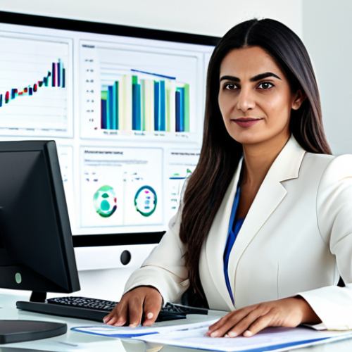 A confident Arab businesswoman, mid-30s, with a calm and focused expression, seated at a sleek, minimalist desk in a bright, modern office. A large monitor in front of her displays intricate financial charts and digital tax forms, with subtle, glowing data lines conveying digital transformation and efficiency. She is fully clothed in a modest, elegant business suit, appropriate attire. The image is a professional photograph, with crisp detail and natural lighting, showcasing perfect anatomy, correct proportions, natural pose, well-formed hands, proper finger count, and natural body proportions. safe for work, appropriate content, family-friendly.