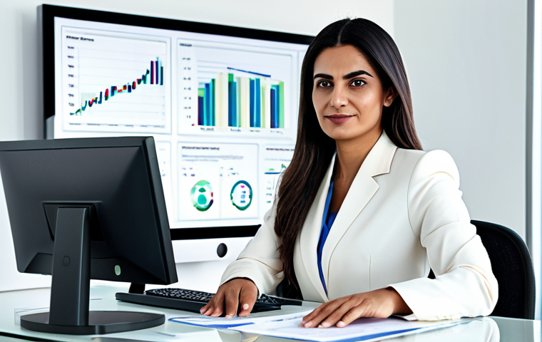 A confident Arab businesswoman, mid-30s, with a calm and focused expression, seated at a sleek, minimalist desk in a bright, modern office. A large monitor in front of her displays intricate financial charts and digital tax forms, with subtle, glowing data lines conveying digital transformation and efficiency. She is fully clothed in a modest, elegant business suit, appropriate attire. The image is a professional photograph, with crisp detail and natural lighting, showcasing perfect anatomy, correct proportions, natural pose, well-formed hands, proper finger count, and natural body proportions. safe for work, appropriate content, family-friendly.