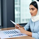 근로소득 원천징수 신고 - **Prompt:** "A young, professional Arab woman in a modern office setting, initially looking puzzled ...