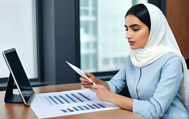 근로소득 원천징수 신고 - **Prompt:** "A young, professional Arab woman in a modern office setting, initially looking puzzled ...