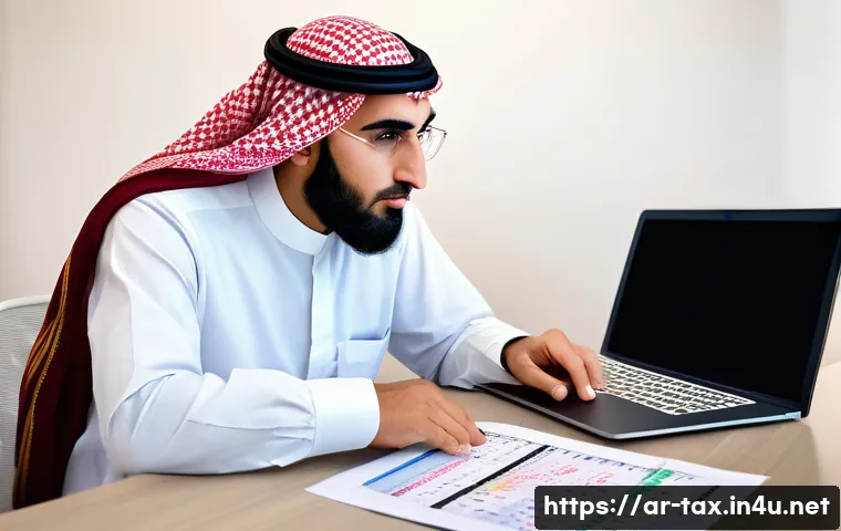 세금 신고 연체 시 벌금 - A modern Middle Eastern small business owner in traditional attire sitting at a sleek office desk cl...