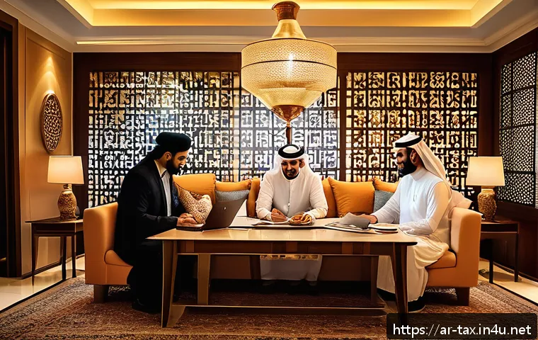 연말정산에서 놓치기 쉬운 공제 - A modern Arabic family gathered around a dining table filled with paperwork and laptops, discussing ...