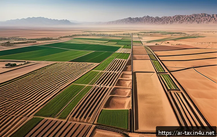 농지 취득과 세금 문제 - A detailed aerial view of a lush agricultural landscape in Saudi Arabia, showcasing diverse soil typ...