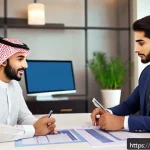 Home 22 건물 매매와 세금 - A professional Saudi real estate consultant explaining property tax details to a diverse Middle East...