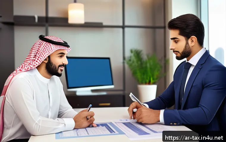 건물 매매와 세금 - A professional Saudi real estate consultant explaining property tax details to a diverse Middle East...