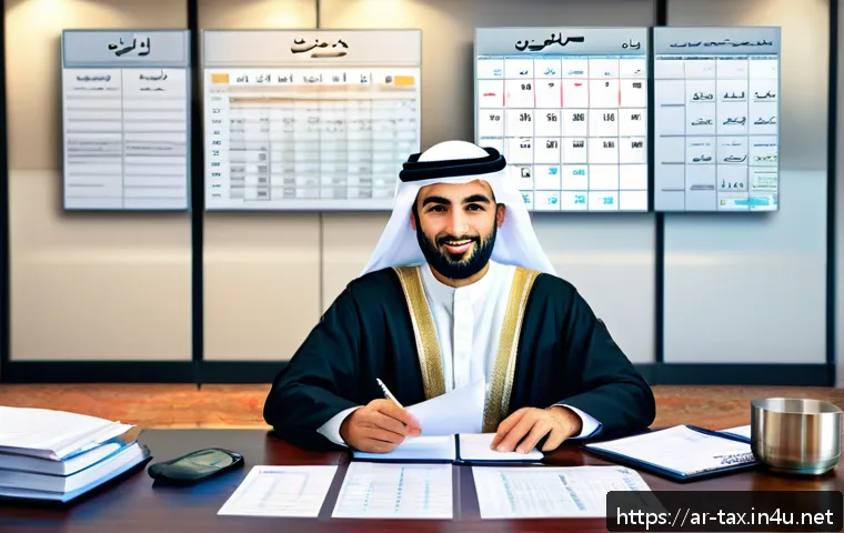 해외소득세 신고 절차 - A detailed office scene showing a Middle Eastern professional man in traditional attire sitting at a...