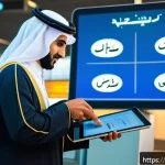 Home 19 해외 여행자 면세 기준 - A detailed illustration of an Arabic traveler at a customs checkpoint in a Middle Eastern airport, r...