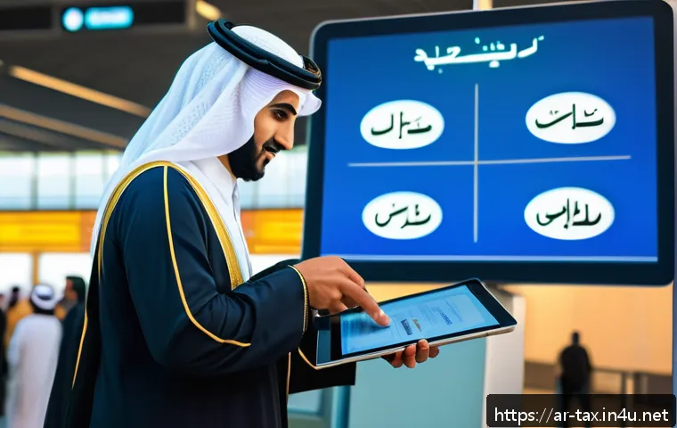 해외 여행자 면세 기준 - A detailed illustration of an Arabic traveler at a customs checkpoint in a Middle Eastern airport, r...