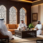Home 18 상속세 절세 전략 - A sophisticated Middle Eastern family gathering in a modern, elegant living room discussing estate p...