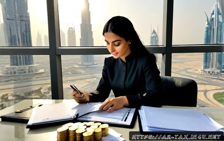 고소득자의 세금 절약법 - Photorealistic high-income Arab businesswoman in elegant modest professional attire reviewing a tax-...