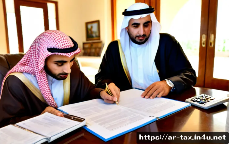 상속재산 분할과 세금 - Photorealistic Middle Eastern family meeting with an estate lawyer in a refined Gulf Arab living roo...